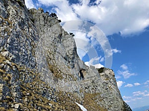 FÃ¼essler cliff or FÃ¼essler-Felsen Fueessler-Felsen or Fuessler-Felsen on the Ebenalp alpine hill and in the Appenzellerland