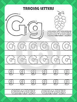 Trace letters of English alphabet and fill colors Uppercase and lowercase G. Handwriting practice for preschool kids worksheet.
