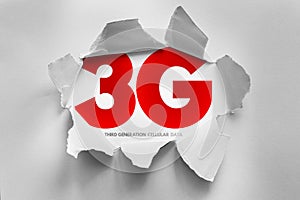 3G acronym in large bold text appears through torn paper, symbolizing third generation mobile network