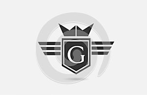 G alphabet letter logo icon for company in black and white. Creative badge design with king crown wings and shield for business