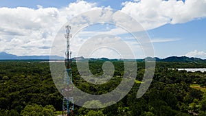 4g and 5g cellular telecommunication towers with landscape scenery of forest