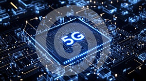 Futuristic 5G Chip Surrounded by Circuit Lines â High-Tech Digital Network Concept photo