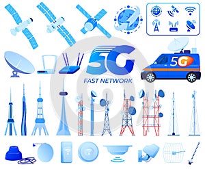 5G communication technology vector illustrations, cartoon flat towered telecommunication equipment set, wireless signal photo