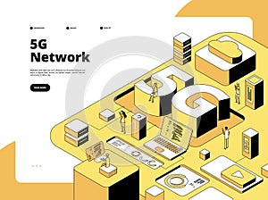 5g concept. Wifi broadcasting 5g technology, speed internet in smartphone. Global network hotspot isometric vector photo