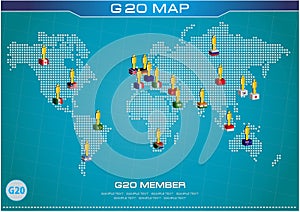 G20 country flags with dotted world map or flags of the world (economic G20 country flag)