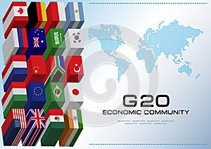 G20 country flags with dotted world map or flags of the world (economic G20 country flag)