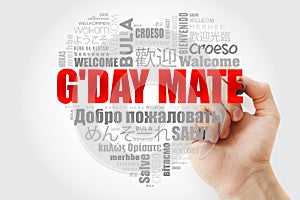 G`day Mate Welcome in Australian love heart word cloud photo