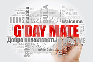 G`day Mate Welcome in Australian word cloud