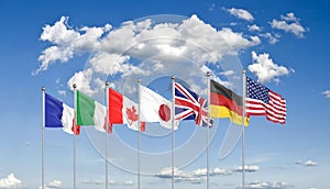 G7 flags . Silk waving flags of countries of Group of Seven :  Germany, Canada, USA , Italy, France, Japan, UK in 2020. Online photo