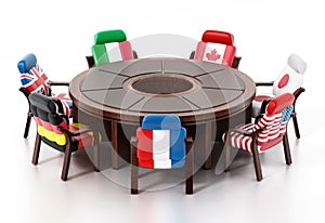 G7 flags standing around round table. 3D illustration photo