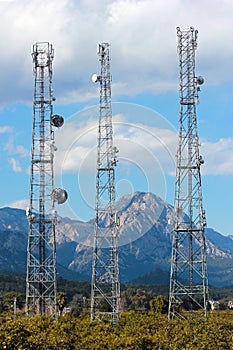 3G, 4G and 5G cellular antennas. Base Transceiver Stations. Telecommunication towers. Wireless Communication Antenna Transmitters