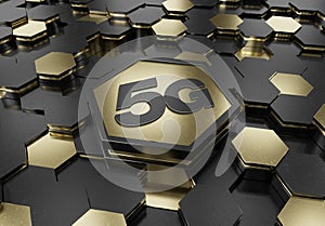 5G icon concept engraved on gold hexagonal pedestral background. Wireless technology logo glowing on abstract digital surface. 3d