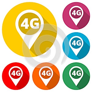 4G icon, 4g network icon, map pointer color icon with long shadow