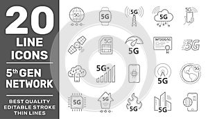 5G internet line icons set. Internet mobile safety wireless 5g signal telecommunication new technology vector symbols photo