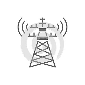 5G internet tower, telecommunications tower, satellite antenna grey icon.