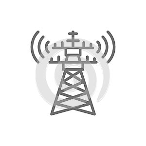 5G internet tower, telecommunications tower, satellite antenna line icon.