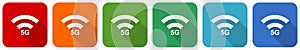 5G internet wireless communication, network icon set, flat design vector illustration in 6 colors options for webdesign and mobile