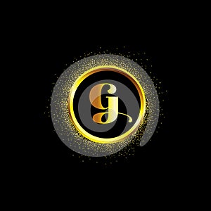G letter golden icon in middle of golden sparking ring. G logo sign with empty center. Golden sparkling ring with dust glitter