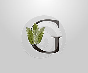 G Letter With Green Banana Leaf, Tropical Alphabet Sign Design Concept