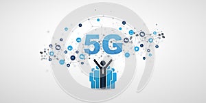 5G Mobile Cloud Computing, Internet of Thinghs and Networks Design Concept with Standing Happy Business Men and Icons