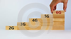 6G network evolution symbol. Hand holding a wooden block with 6g symbol. 2G, 3G, 4G, 5G words. Copy space. Beautiful white photo