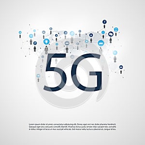 5G Network Label with Wire Mesh, Icons and World Map - High Speed, Broadband Mobile Telecommunication and Wireless Internet Design