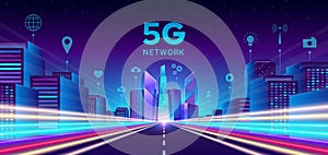 5G network. Smart city technology. Digital internet speed connection. IOT concept with fast car blurred motion. Highway