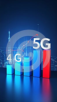 5G network technology growth concept with a rising bar chart and graph over a modern city skyline