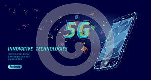 5G new wireless internet wifi connection. Laptop mobile device isometric blue 3d flat. Global network high speed photo