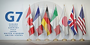 G7 summit or meeting concept. Row from flags of members of G7 gr