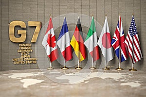 G7 summit or meeting concept. Row from flags of members of G7 group of seven and list of countries