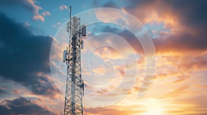 5G Telecommunication Tower with Radio Network Equipment at Sunset â Modern Mast Transmitting Signals photo