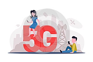 5G wireless technology concept. People using high speed mobile internet for working, gaming and communication cartoon