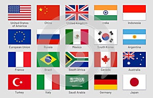 G20 countries flags. Major world advanced and emerging economies states, official Group of Twenty flag labels vector set