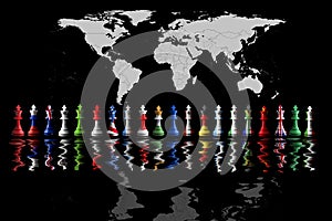 G20 countries flags paint over on chess king. 3D illustration. world map on background