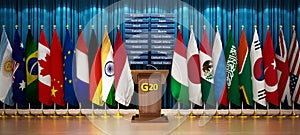 G20 country flags arranged in a conference room. 3D illustration