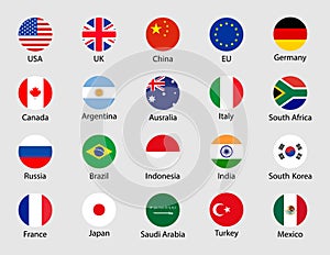 G20 country flags. G20 round icons. China, korea, brazil, mexico, usa, japan, indonesia, canada, france, argentina, saudi arabia,