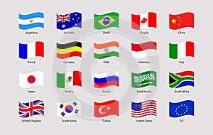 G20 flag vector illustration. USA ,Canada, France, Germany, Italy, Japan, UK, EU, China. Official national symbols with