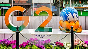 G20 hosting country flags and hoarding in MG marg, Gangtok, Sikkim, India