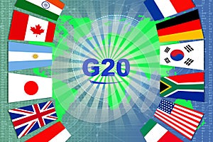 G20 international summit, global forum for cooperation, symbol of meeting heads of governments and central banks of countries on