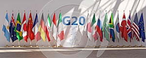 G20 summit or meeting concept. Row from flags of all members of G20 Group of Twenty and list of countries