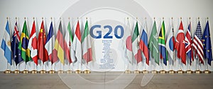 G20 summit or meeting concept. Row from flags of members of G20