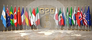 G20 summit or meeting concept. Row from flags of members of G20 Group of Twenty and list of countries in a conference room