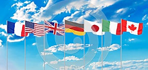 G7 flags Silk waving flags of countries of Group of Seven Canada Germany Italy France Japan USA states United Kingdom 2019.