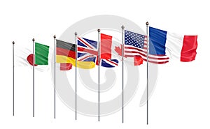 G7 flags Silk waving flags of countries of Group of Seven Canada, Germany, Italy, France, Japan, USA states, United Kingdom 2019.