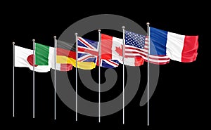 G7 flags Silk waving flags of countries of Group of Seven Canada, Germany, Italy, France, Japan, USA states, United Kingdom 2019.