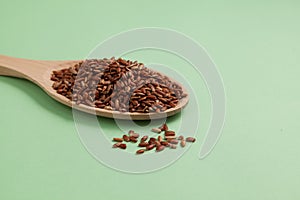 GABA rice in wooden spoon, close-up. Germinated brown rice. Selective focus, copy space