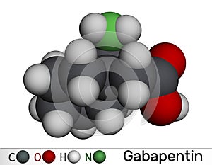 Gabapentin molecule. It is anticonvulsant medication, used to treat neuropathic pain and epilepsy. Molecular model. 3D rendering