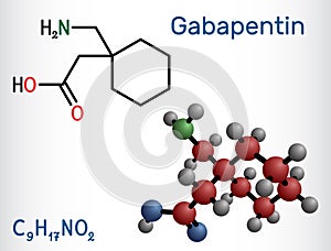 Gabapentin molecule. It is anticonvulsant medication, used to treat neuropathic pain and epilepsy. Structural chemical formula and