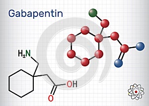 Gabapentin molecule. It is anticonvulsant medication, used to treat neuropathic pain and epilepsy. Structural chemical formula,